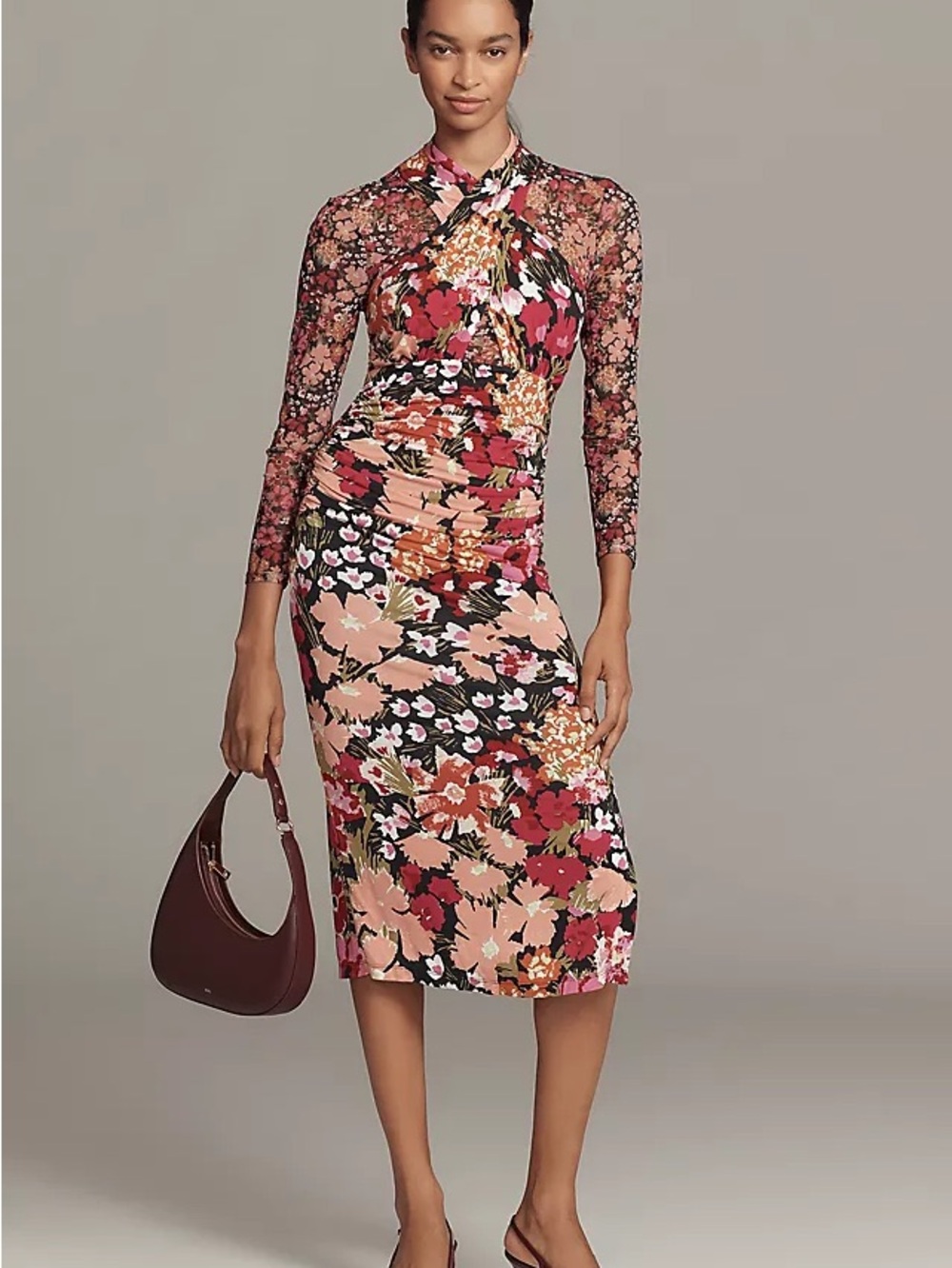 NWOT Anthropologie Floral Ruched Long Sleeve Midi Dress - Black & Pink Multi